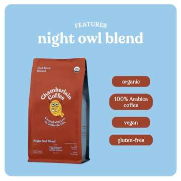 Chamberlain Coffee Night Owl Blend - Dark Roast Ground Coffee Beans with Notes of Toasted Walnuts, Dark Chocolate & Sweet Honey - Specialty Ground Coffee Freshly Roasted In California - 12 oz