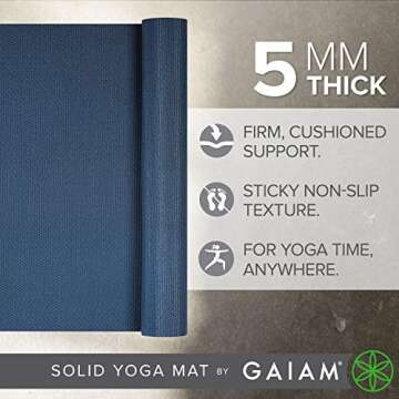 Gaiam Yoga Mat Premium Solid Color Non Slip Exercise & Fitness Mat for All Types of Yoga, Pilates & Floor Workouts, Indigo Ink, 5mm, 68"L x 24"W x 5mm Thick