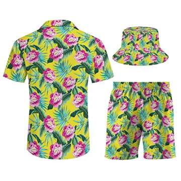 Men's Flower Shirt Hawaiian Outfit Set Beach Shirt and Shorts with Bucket Hats 3 Piece Beach Tropical Hawaii Suits 3XL