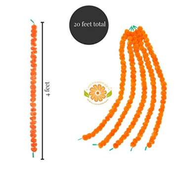 R and D Handicrafts Marigold Garland Artificial Flowers - Indian Wedding, Diwali, Cinco de Mayo, Dia de Los Muertos, Housewarming, Baby Shower Fake Flower Decoration - 4Ft, 5 Strands - Dark Orange