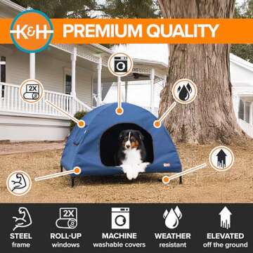 K&H Pet Products Original Pet Cot Tent, Portable Dog House, Dog Shade & Weather Shelter, Elevated Cot Dog Bed, Navy Blue, Large 30 X 42 X 32 Inches