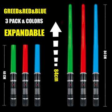 3 pack 3 colors Light Up Swords Saber with FX Sound(Motion Sensitive) and Realistic Handle for Kid, Expandable Light Toy for Halloween Dress Up Parties, Xmas Present, Galaxy War Fighters and Warriors