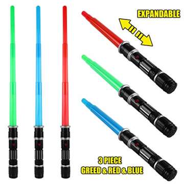 3 pack 3 colors Light Up Swords Saber with FX Sound(Motion Sensitive) and Realistic Handle for Kid, Expandable Light Toy for Halloween Dress Up Parties, Xmas Present, Galaxy War Fighters and Warriors