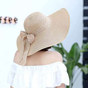 Women's Folable Floppy Hat,Wide Brim Sun Protection Straw Hat, Summer UV Protection Beach Cap(Beige)