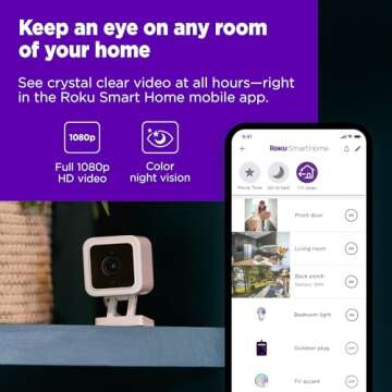 Roku Indoor Camera for Home Security, 1-Pack - Wired Security Camera with 1080p HD Color Night Vision, Compatible with Alexa & Google, Motion & Sound Detection, Built-in Siren,(Renewed)