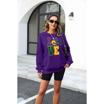 FASHGL Mardi Gras Sweatshirt Women Carnival Glitter Patch Shirt Saints New Orleans Pullover Mardi Gras Day Tee Tops Purple