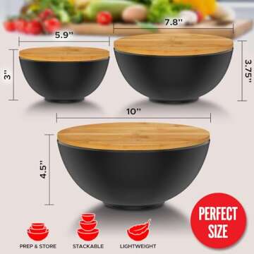 Bamboo Salad Bowl Set with Cutting Board Lids and Serving Utensils - Small, Medium and Big Salad Bowl with Lid - Black Dish Set - Bamboo Mixing Bowls Set for Chips, Dip, Fruit, Popcorn, Parties