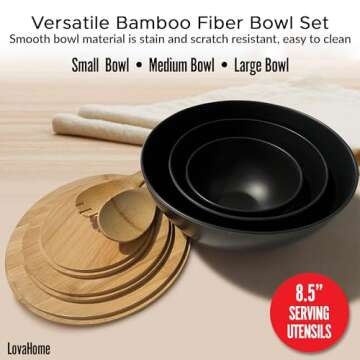 Bamboo Salad Bowl Set with Cutting Board Lids and Serving Utensils - Small, Medium and Big Salad Bowl with Lid - Black Dish Set - Bamboo Mixing Bowls Set for Chips, Dip, Fruit, Popcorn, Parties