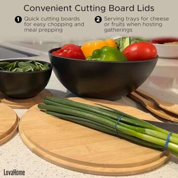 Bamboo Salad Bowl Set with Cutting Board Lids and Serving Utensils - Small, Medium and Big Salad Bowl with Lid - Black Dish Set - Bamboo Mixing Bowls Set for Chips, Dip, Fruit, Popcorn, Parties