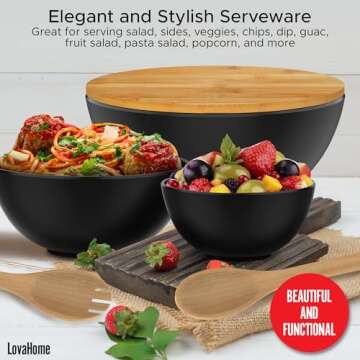 Bamboo Salad Bowl Set with Cutting Board Lids and Serving Utensils - Small, Medium and Big Salad Bowl with Lid - Black Dish Set - Bamboo Mixing Bowls Set for Chips, Dip, Fruit, Popcorn, Parties