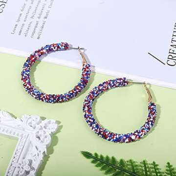 Glittering 4th of July Hoop Earrings Large Independence Day Earrings Shiny Sequins Circle Red White Blue Earrings for Women Patriotic Activity Jewelry Gifts