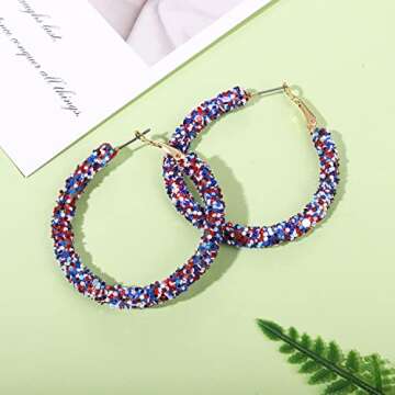 Glittering 4th of July Hoop Earrings Large Independence Day Earrings Shiny Sequins Circle Red White Blue Earrings for Women Patriotic Activity Jewelry Gifts