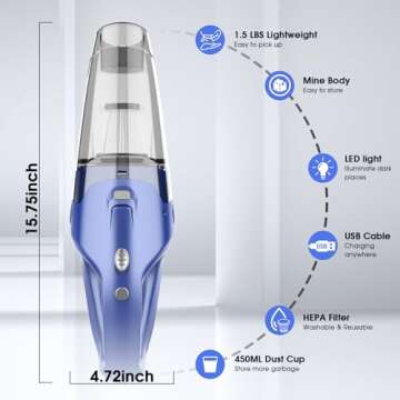 YOOHI Handheld Vacuum Cordless Rechargeable,Car Vacuum Cordless Cleaner,1.5lbs Lightweight Dust Busters Cordless Rechargeable with LED Light/Multi Accessories for Car and Home, Mine Portable Vacuum