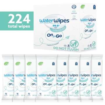 WaterWipes On The Go Wipes, 99.9% Water-Based Wipes for Travel, Sports, and to Refresh Skin, Unscented & Hypoallergenic, 224 Count (8 Packs)