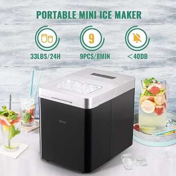 WANAI Ice Maker Countertop 9 Pcs Bullet ice in 8 Mins, 33LBS in 24Hrs Portable Ice Machine with Auto Self-Cleaning, Ice Scoop & Basket, Two Size for Home Office Kitchen Bar