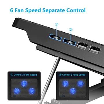 LIANGSTAR Laptop Cooling Pad, Laptop Cooler with 6 Quiet Fans for 12-17 Inch Notebook Gaming Fan Stable Stand, 7 Height & Wind Speed Adjustable, 2 USB Port & Phone Holder (Black)