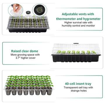 Bonviee 3 Packs Seed Starter Tray with Hygrometer Thermometer, 40-Cell Seed Starter Kit with Clear and Elevated Humidity Dome, Greenhouse Kit Indoor for Cloning, Propagation, Sprouting and Germination