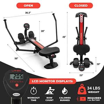 Lanos Hydraulic Rowing Machine | Adjustable Resistance | Rowing Machines for Home Use | LCD Monitor | Compact for Home Workout | Tone Muscle Improve Heart Health