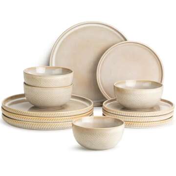 Metflavor Earthsong Dinnerware Sets for 4, 12-Piece Ceramic Plates and Bowls Set, Dishwasher and Microwave Safe Stoneware Dishes Set, Ribbed, Sculpted Dune