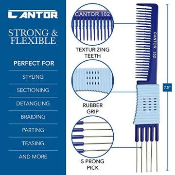 Lift Teasing Comb and Hair Pick – 2 Pack, Five Stainless Still Lifts - Chemical and Heat Resistant Detangler Gripper Comb – Anti Static Comb For All Hair Types – By Cantor