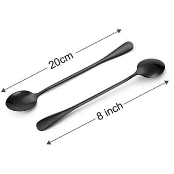 Marco Almond® KYA59 Iced Tea Spoon, Ice Cream Spoon, Titanium Coated Stainless Steel Long Handle Spoons for Coffee, Cocktail Stirring, Milkshake, Latte, Pack of 8, Black