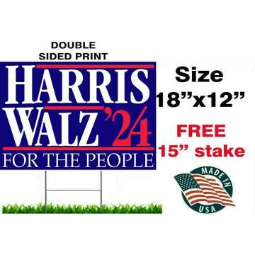 Kamala Harris Tim Walz 2024 Yard Sign for Democracy