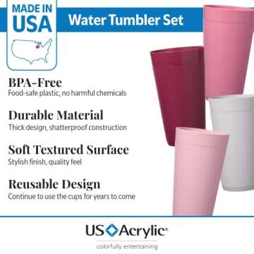 US Acrylic Newport 20 ounce Unbreakable Plastic Stackable Water Tumblers in Pink Berry | Set of 12 Drinking Cups | Reusable, BPA-free, Made in USA, Top-rack Dishwasher Safe