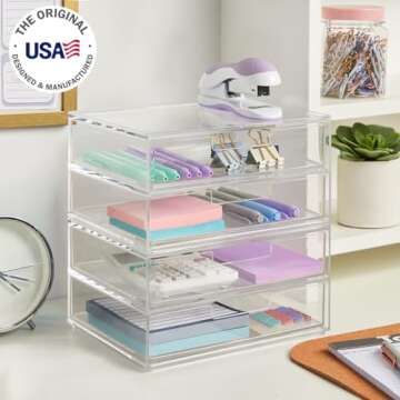 STORi Chloe Space-Saving Clear Drawer Organizer (4 Wide Drawers) Sort Office, Kitchen, Beauty Supplies, Makeup, Pens, Jewelry, Stationary, Made in USA