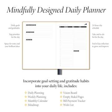 Daily Planner, Calendar and Gratitude Journal to Improve Time-Management, Productivity & Happiness | Vegan Leather Hardcover Organizer with Blank Dates, Undated 6 Months 24 Hour Agenda