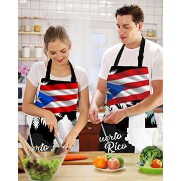 Puerto Rico White Buliding Tropical Plam Kitchen Aprons with Pockets Waterproof, Tower Black American Flag Adjustable Bib Chef Aprons for Cooking