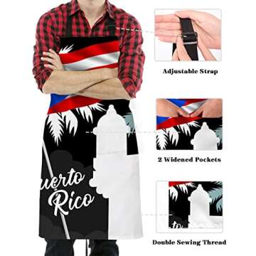 Puerto Rico White Buliding Tropical Plam Kitchen Aprons with Pockets Waterproof, Tower Black American Flag Adjustable Bib Chef Aprons for Cooking