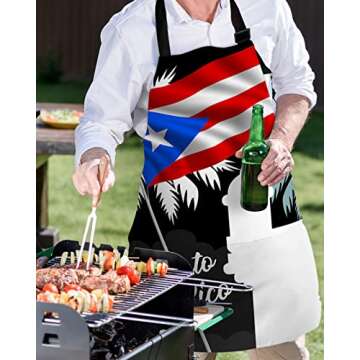 Puerto Rico White Buliding Tropical Plam Kitchen Aprons with Pockets Waterproof, Tower Black American Flag Adjustable Bib Chef Aprons for Cooking