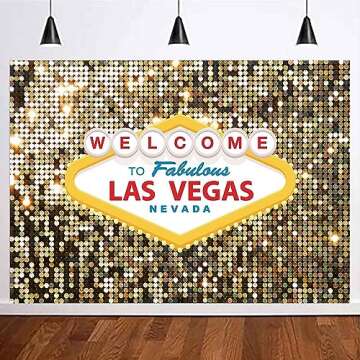 MAQTT 7X5FT Welcome to Fabulous Las Vegas Nevada Backdrop Photo Gold Glitter Casino Night Theme Party Background Photography Decoration Gold Luxury Ball Party Studio Props Banner