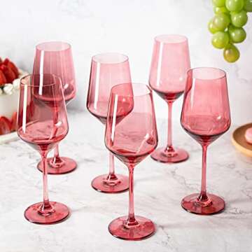 Red Rose Colored Wine Glass Set, Large 12 oz Glasses Set of 6, Unique Italian Style Tall Stemmed for White & Red Wine, Water, Cocktail, Margarita Glasses, Color Tumbler, Gifts, Beautiful Glassware