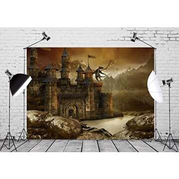 BELECO 7x5ft Fabric Fantasy Fairytale Castle Backdrop Giant Dragon Scene Medieval Architecture Mountain Lake Landscape Photography Background Wallpaper Kids Children Adults Photoshoot Photo Props