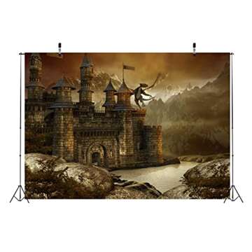 BELECO 7x5ft Fabric Fantasy Fairytale Castle Backdrop Giant Dragon Scene Medieval Architecture Mountain Lake Landscape Photography Background Wallpaper Kids Children Adults Photoshoot Photo Props