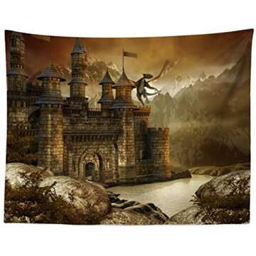 BELECO 7x5ft Fabric Fantasy Fairytale Castle Backdrop Giant Dragon Scene Medieval Architecture Mountain Lake Landscape Photography Background Wallpaper Kids Children Adults Photoshoot Photo Props