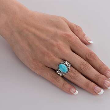 American West Jewelry Sterling Silver Women's & Men's Ring Blue Turquoise Gemstone Native-Inspired Flower Design Size 6