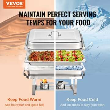 VEVOR Chafing Dish Buffet Set, 8 Qt 4 Pack, Stainless Chafer w/ 4 Full Size Pans, Rectangle Catering Warmer Server w/Lid Water Pan Folding Stand Fuel Tray Holder Spoon Clip, at Least 8 People Each