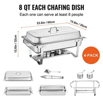 VEVOR Chafing Dish Buffet Set, 8 Qt 4 Pack, Stainless Chafer w/ 4 Full Size Pans, Rectangle Catering Warmer Server w/Lid Water Pan Folding Stand Fuel Tray Holder Spoon Clip, at Least 8 People Each