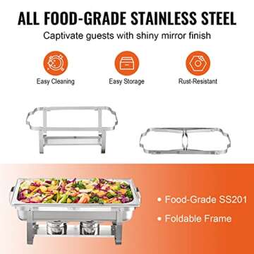 VEVOR Chafing Dish Buffet Set, 8 Qt 4 Pack, Stainless Chafer w/ 4 Full Size Pans, Rectangle Catering Warmer Server w/Lid Water Pan Folding Stand Fuel Tray Holder Spoon Clip, at Least 8 People Each