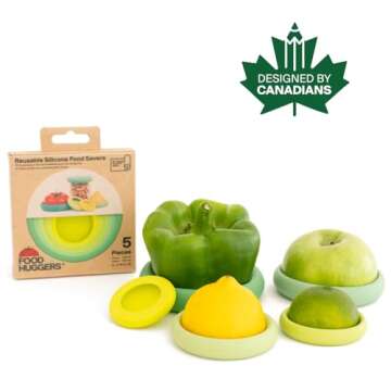 Food Huggers 5pc Reusable Silicone Food Savers | BPA Free & Dishwasher Safe | Fruit & Vegetable Produce Storage for Onion, Tomato, Lemon, Banana, Cans & More | Round, Sage Green