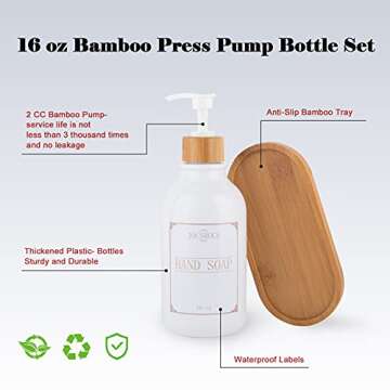 Dish Soap Dispenser for Kitchen Sink, Bathroom Soap and Lotion Dispenser Set with Bamboo Soap Tray, 16 Oz Bamboo Pump Kitchen Soap Dispenser with 4 Waterproof Labels (White)