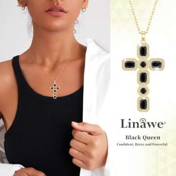 Linawe Black Cross Necklace for Women, 14K Gold Charm Pendant Chain Necklace, Moissanite Crystal Imitation Diamond Birthstone Necklaces Jewelry, Catholic Religious Gifts