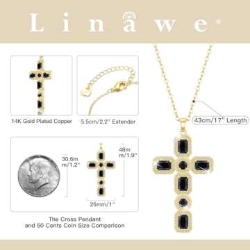 Linawe Black Cross Necklace for Women, 14K Gold Charm Pendant Chain Necklace, Moissanite Crystal Imitation Diamond Birthstone Necklaces Jewelry, Catholic Religious Gifts