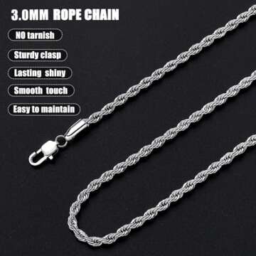 Fiusem Silver Tone 3mm Chain Necklace, Stainless Steel Rope Chain for Men and Women, Mens Necklace 20 Inch