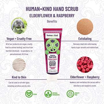 Human+Kind Moisturizing Hand Scrub - Exfoliating Scrubber for Soft, Smooth Hands - Gentle Repair for Dry, Cracked, Peeling Skin - Shea Butter, Dried Raspberry Seeds, and Hydrated Silica - 2.5 oz