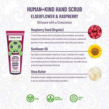 Human+Kind Moisturizing Hand Scrub - Exfoliating Scrubber for Soft, Smooth Hands - Gentle Repair for Dry, Cracked, Peeling Skin - Shea Butter, Dried Raspberry Seeds, and Hydrated Silica - 2.5 oz