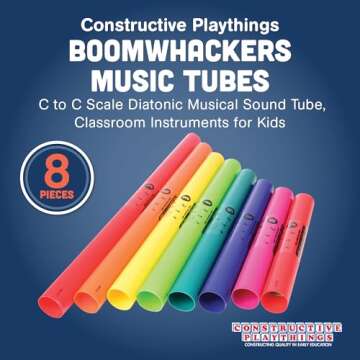 Constructive Playthings Boomwhackers Music Tubes, C to C Scale Musical Sound Tube, Classroom Instruments for Kids, Diatonic Set of 8