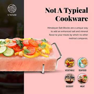 UMAID Himalayan Salt Block For Grilling, Cooking, Cutting and Serving,12X8X1.5 Food Grade Himalayan Pink Salt Stone on Stainless Steel Plate & Recipe Booklet, Unique Gifts for Men, Women, Chef, Cooks